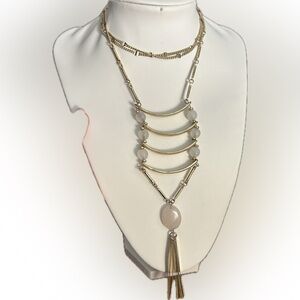 Tribal Inspired Gold and Rose Quartz stone Necklace ladder pendant style 32” +